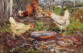 John Falconar Slater (1857-1937) Cockerel and chickens feeding from a shallow bowl, signed, oil on