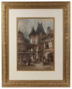 Paul Marny (1829-1914) Figures at a Continental street corner, signed, watercolour heightened with