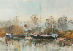Dennis de Banks (20th century) River landscape with moored sailing vessels, signed, oil on board, 34