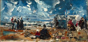 George Hann (1900-1979) A day at the seaside, signed, oil on board, 9.5 x 19.5cms; and two further