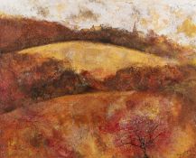 Jill Watkins (Contemporary) An autumnal landscape with distant hamlet, signed with initials and