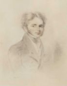 Mary Palmer (19th century) Portrait of a gentleman with wavy hair and wearing a buttoned overcoat,