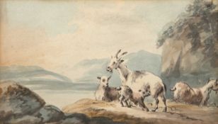 Circle of Peter la Cave (1769-c.1811) Goats on a lakeside bank, watercolour, 10 x 17.5 cm; and