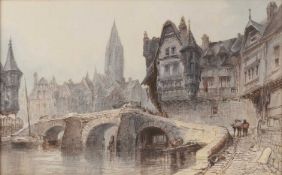 Paul Marny (1829-1914) A Continental town with river bridge and cathedral, signed, watercolour, 28 x