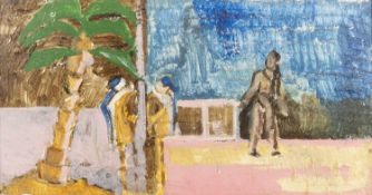 British School (20th Century), Tailor Shop Scene, oil on board, unsigned, title to label verso,