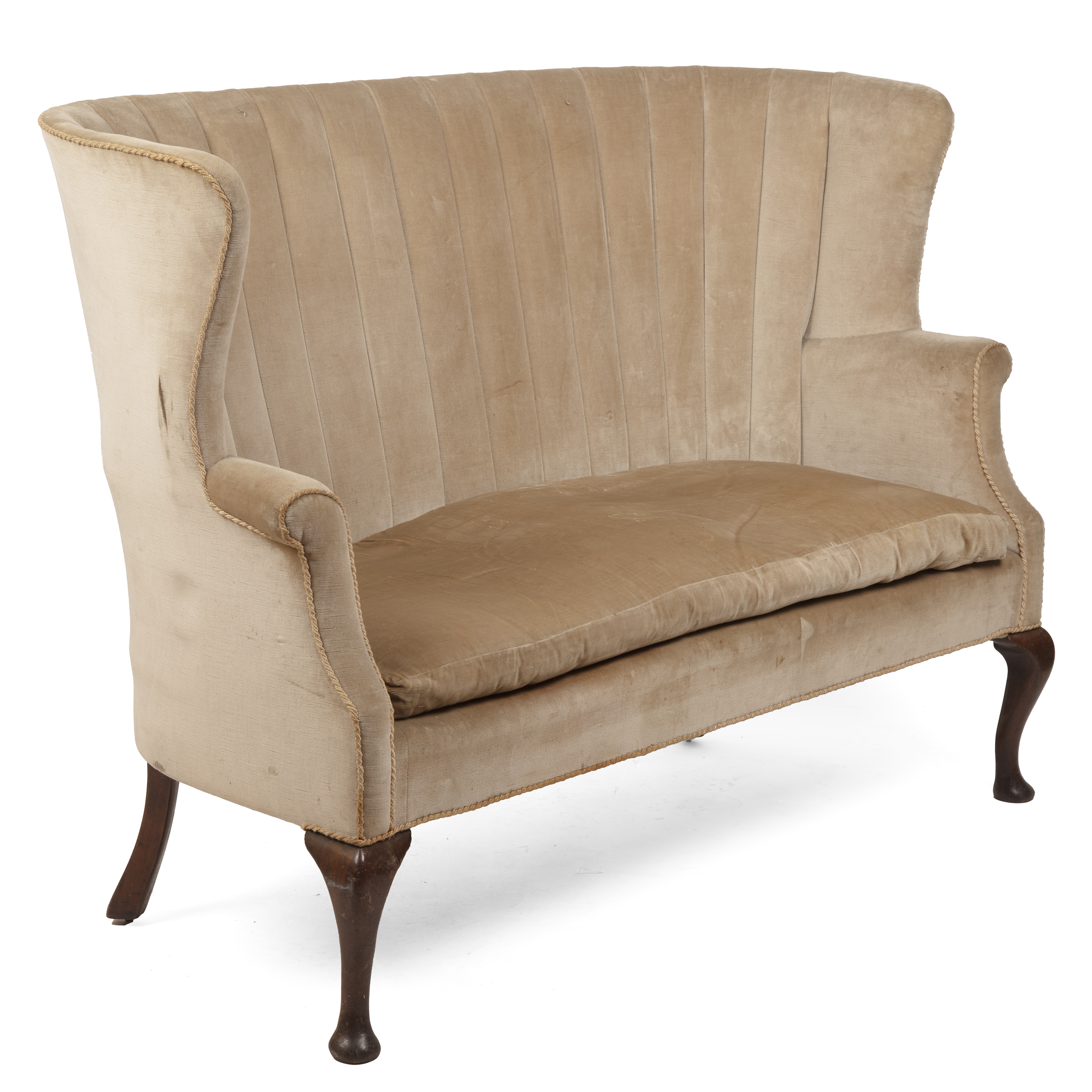 A Georgian style upholstered high back settee with cabriole legs 145cm