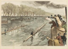 English School (19th century) The University Boat-Race Dead-Heat, the Finish', hand coloured