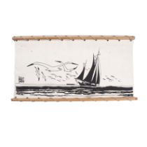 After Hugo Pratt Seascape with sailing boat and seagulls, printed wall hanging on fabric, Ateliers