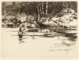 Norman Wilkinson (1878-1971) Trout fishing, river Garry, pencil signed to the margin, drypoint, 22.5