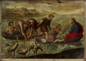 After Raffaello Sanzio da Urbino 'The Miraculous Draught of Fishes' , hand-coloured reverse print on