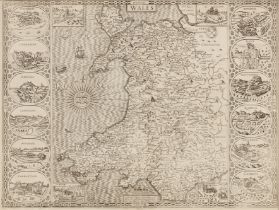 John Speed North Wales, engraved map, with decorative town vignettes to the borders, 38 x 51cm,