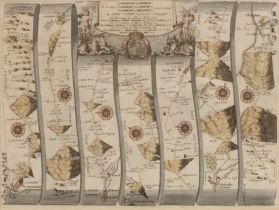 John Ogilby A Road Map from Carmaerthen to Aberystwyth, hand coloured engraving, 33 x 44cm