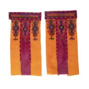 A pair of Palestinian top sleeves for a Thob (a woman's dress), pair. Silk embroidery on red and