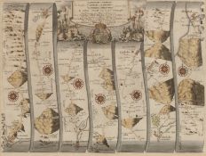 John Ogilby A Road Map from Carmaerthen to Aberystwyth, hand coloured engraving, 33 x 44cm