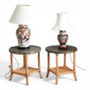 A pair of bamboo brass top occasional tables, 59cm wide, together with a Chinese pottery table