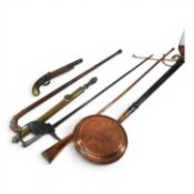 A flintlock pistol stock, together with a carved walking stick, hunting horn and other items