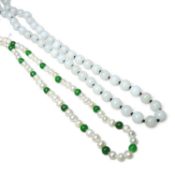 A pearl and jade single strand necklace, with a gold clasp, together with a string of white