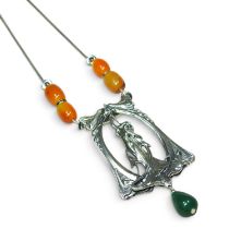 An Art Nouveau style sterling silver and jade coloured hardstone pendant, in the form of a lady, 9cm