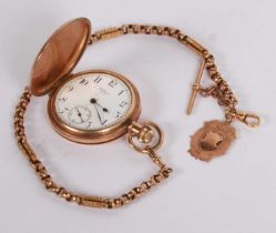 A Waltham gold plated cased hunter pocket watch, having a belcher link chain with T-bar and a 9