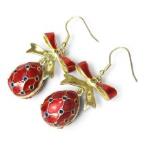 A pair of Russian design silver gilt and enamelled pendant earrings, each in the form of a Faberge