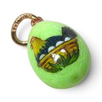 A Russian enamelled 14ct gold pendant, in the form of a Faberge egg, decorated with a chicken,