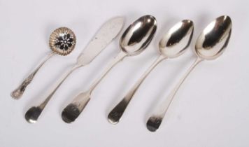 Two matched silver Old English pattern spoons, together with a fiddle pattern spoon, a knife and a