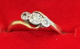 Jewellery :18ct Triple white stone (possible diamond) ring Size M 2.07g, slightly worn 18ct hallmark