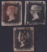 COLLECTABLES STAMPS GREAT BRITAIN Plate 9. Three Penny Blacks all with full margins, but close in