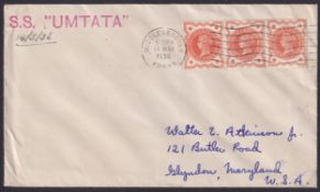 COLLECTABLE STAMPS 1936 cover to Maryland USA with strip of 3 QV Jubilee 1/2d stamps !! very late