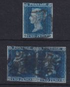 COLLECTABLE STAMPS GREAT BRITAIN 1841 2d Blue four margin single plus a four margin pair both with