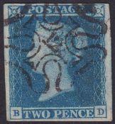 COLLECTABLE STAMPS GREAT BRITAIN 1841 Four margin 2d blue (BD) cancelled by No 12 in MX SG 14f