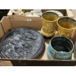 A relief decorated dish, Sermon in Wallenstein's Camp; a studio pottery jar and a pair of Sylvac