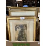 A box of 10 watercolour drawings and prints, to include works by Constantine Guys, Leonard Casley
