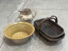 Two trug baskets; a glazed earthenware dairy bowl and a Victorian chamber jug (4)
