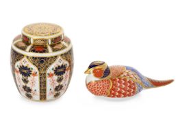 ROYAL CROWN DERBY LIDDED JAR, ALONG WITH A PAPERWEIGHT