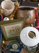 Miscellaneous bygones, Victorian and later, to include a copper coal bucket, with twin brass lion