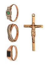 A 9ct gold crucifix and three gold rings, variously gem set, 9.2g, various sizes Condition Report:
