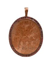 A George III gold and amethyst-bordered slide, framing contemporary embroidered silk river scene