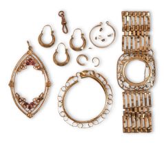 One and two pairs of 9ct gold earrings and miscellaneous damaged gold articles, to include a ruby