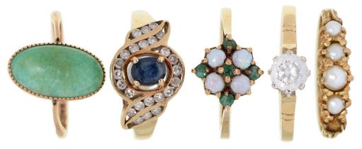 Five gold rings, variously gem set, 11.1g, various sizes Condition Report: