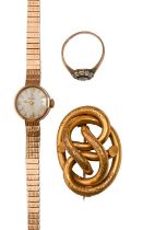 A Tissot 9ct gold lady's wristwatch, 1.7cm diam, on 9ct gold bracelet, 18g and two other items