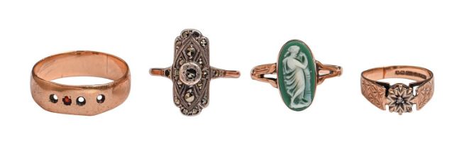 Three gold rings, variously gem set and a gold and silver ring, 11.2g, various sizes (4) Condition