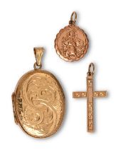A 9ct gold locket, 3.4cm h, Convention marked, a gold cross and St Christopher pendant, 15.3g (3)