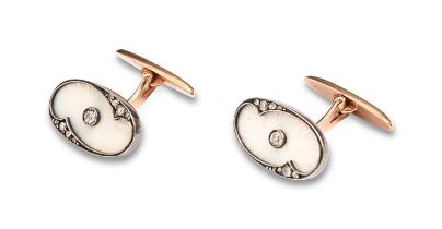 A pair of Russian diamond and gold and guilloche enamel cufflinks, oval 1.9cm, maker's mark P B,