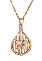 An opal and diamond pendant, in 18ct two-colour gold, 3.9cm h, London 1979, on 9ct gold chain, 2.