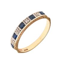 A diamond and calibré cut sapphire ring, in 9ct gold, marks obscured, 2.4g, size O Condition