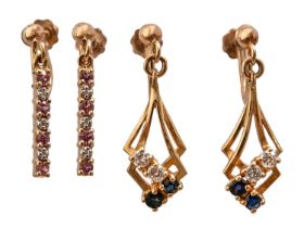 A pair of diamond earrings and a pair of sapphire and diamond earrings, in gold, screw-fitting, 2