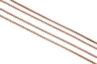 Two gold chains, 58 and 59cm l, 44g Condition Report: Originally a longer chain and divided