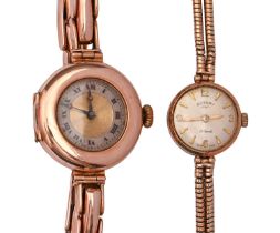 Two 9ct gold lady's wristwatches, the Rotary example with twin Brazilian mesh bracelet, 13.9g, the