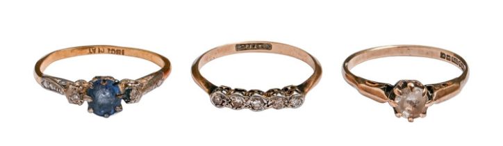 Two diamond or sapphire and diamond rings, gold hoop marked 18ct PLAT and a white stone ring in